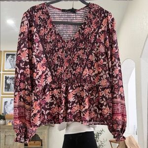 Crimson Peplum Floral V-Neck Blouse with Smocking- Burgundy and Peach